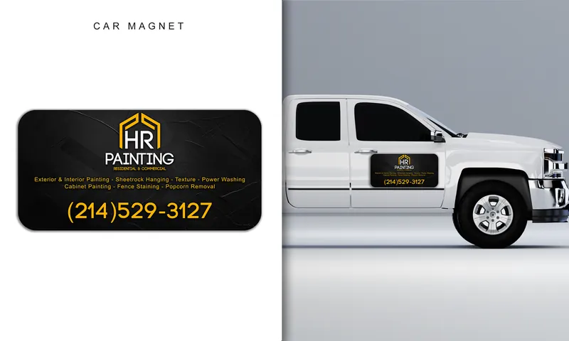 Car magnet for HR Painting, shown flat and on the door of a white pickup truck
