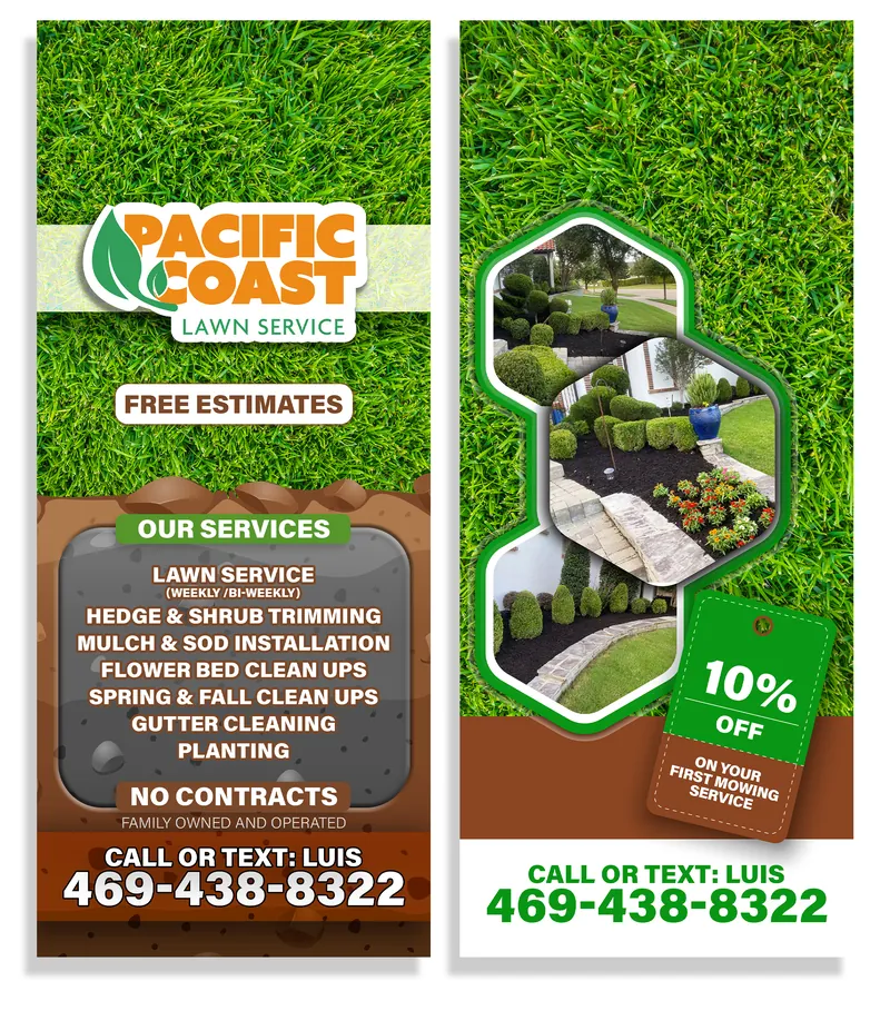 Two-sided door hanger for Pacific Coast Lawn Service with services list, yard photos and a 10% off coupon