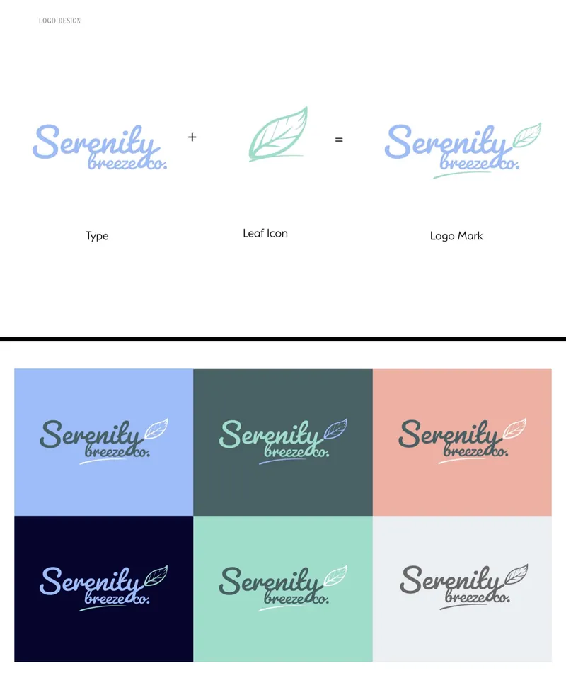 Logo design for Serenity Breeze Co.: lettering, leaf icon and final logo on six brand colors